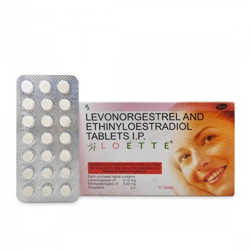 Loette contraceptive tablets box with cycle regulation dosage guide and blister pack