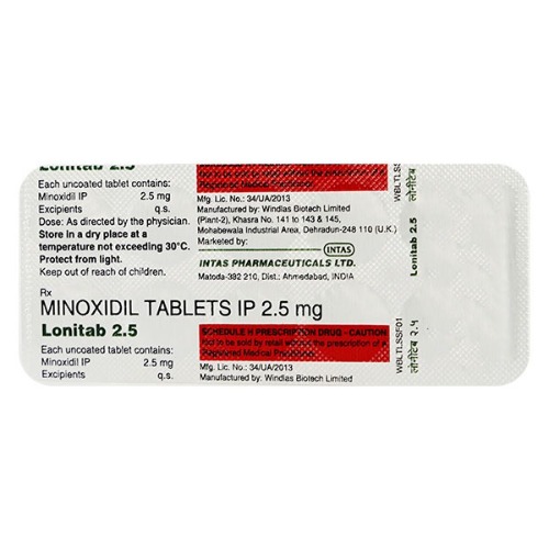 Lonitab 2.5mg (Minoxidil) branded foil blister pack with dosage details