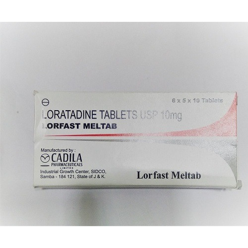 Lorfast Meltab 10 tablets box with blister pack side view