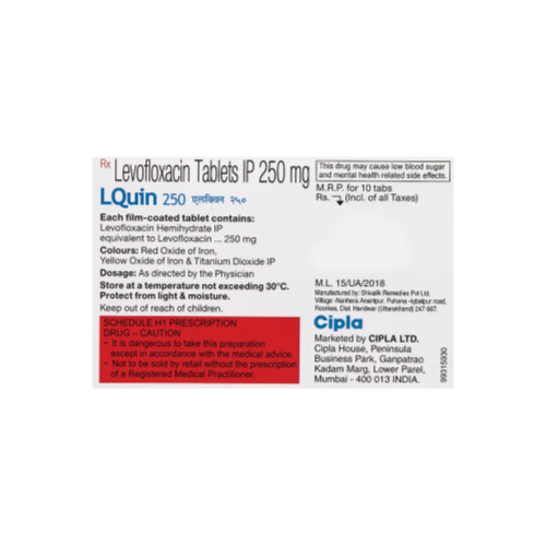 Lquin 250 tablets blister strip with red tablets
