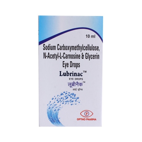 Lubrinac Eye Drops 10ml outer packaging box – sodium carboxymethylcellulose and glycerin formula