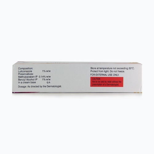 Lulifin Cream 50g tube back view showing label, luliconazole topical antifungal treatment