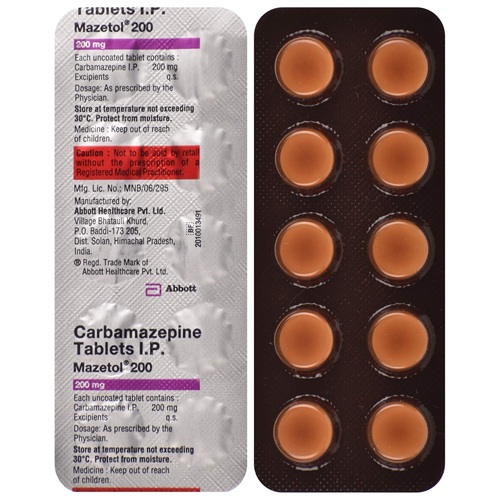 Mazetol 200mg (Carbamazepine) 200 tablets silver blister strips with brown round tablets, online pharmacy treatment option for epilepsy and mood stabilization