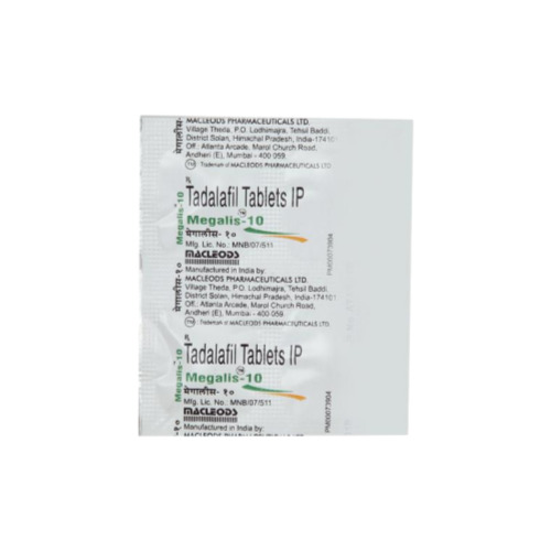 Megalis 10mg (Tadalafil) close-up of silver foil blister pack with tablet details