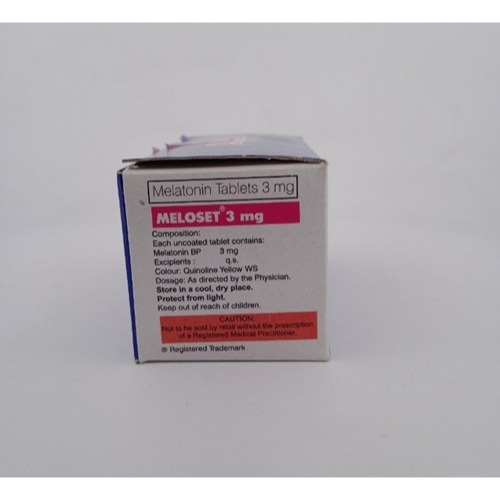 Meloset 3mg 100 tablets product box with blister strips and printed dosage details