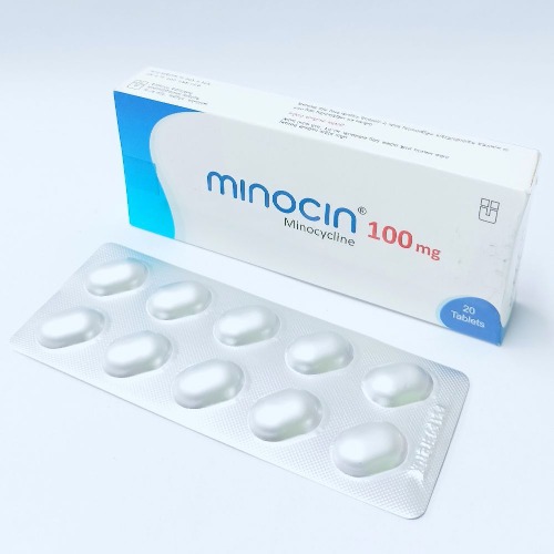 Minocin 100mg white and blue box with partially opened blister strip