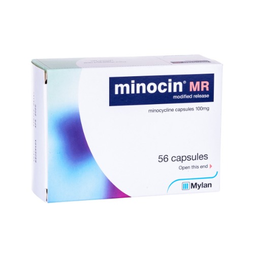 Minocin MR 100mg outer carton in blue and purple gradient design