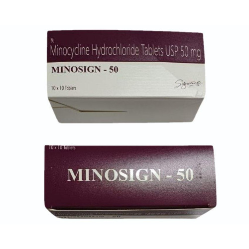 Minosign 50mg tablets box with multiple blister strips