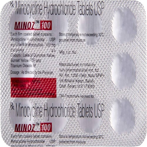 Minoz 100mg blister pack back view with red printed label text
