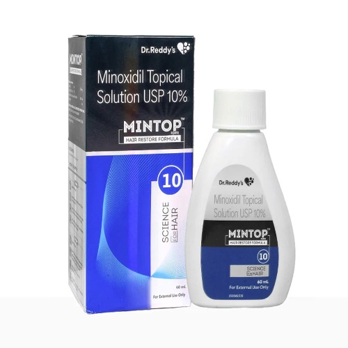 Mintop 10% (Minoxidil) topical solution box packaging with white bottle