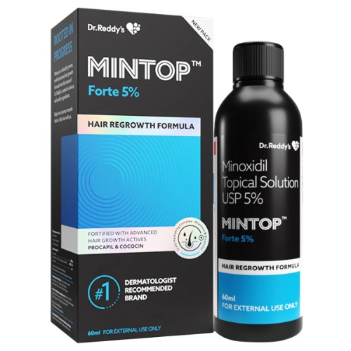 Mintop Forte 5% Solution 60ml box and bottle, front view showing product name and concentration clearly