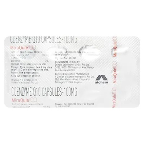 MiraQule 100 (Coenzyme Q10) 100mg 10 capsules foil blister close-up with printed labeling for mitochondrial energy and antioxidant therapy online pharmacy