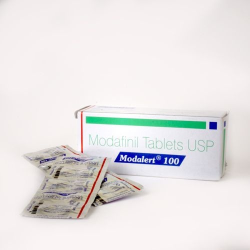 Modalert 100mg 100 tablets box with product label and tablet strip