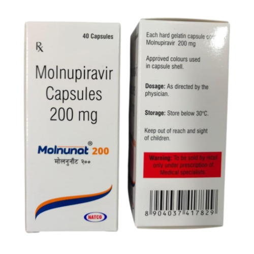 Molnunat 200mg (Molnupiravir) outer box back and side view showing red dosage label and barcode