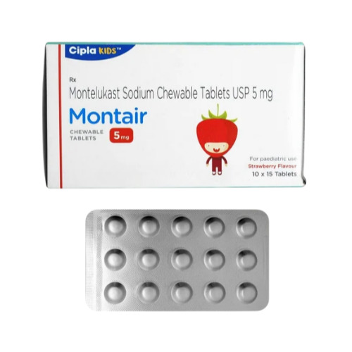Montair 5 (Montelukast 5mg) Cipla box packaging with silver blister strip of tablets