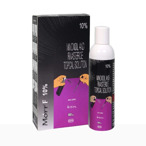 Morr F 10% (Minoxidil and Finasteride) topical solution box packaging with purple label bottle