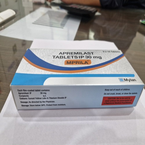 Mprila 30mg (Apremilast) outer box packaging in white and blue design with orange stripe