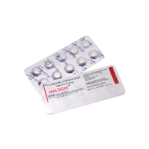 Blister pack of Nalsign 50mg naltrexone tablets showing manufacturer details