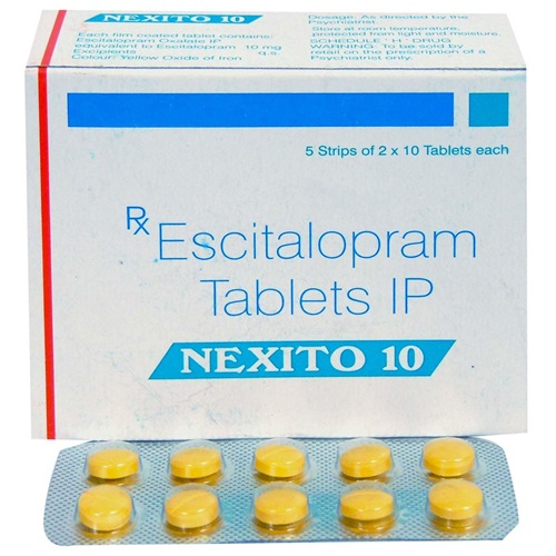 Nexito 10mg Escitalopram tablets outer box with branded label and blister pack