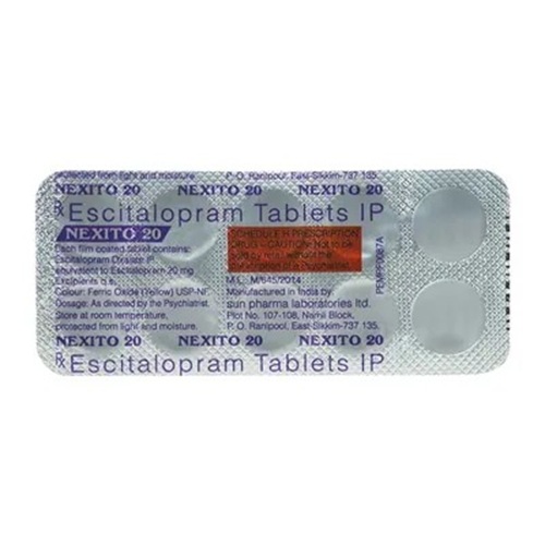 Nexito 20mg yellow round tablets packed in silver labeled blister sheet