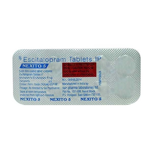 Nexito 5mg white round tablets in silver blister sheet with label
