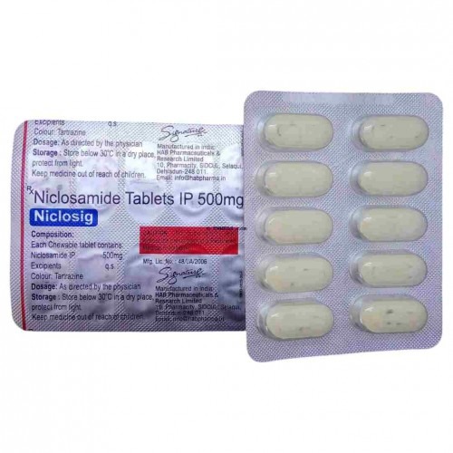 Niclosig 500 blister pack close-up with tablets visible and imprint readable