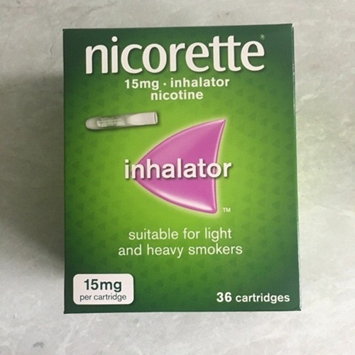 Nicorette 15mg inhalator product packaging for smoking cessation aid