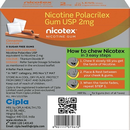 Nicotex 2mg cinnamon flavour chewing gum back side packaging with usage details and QR code