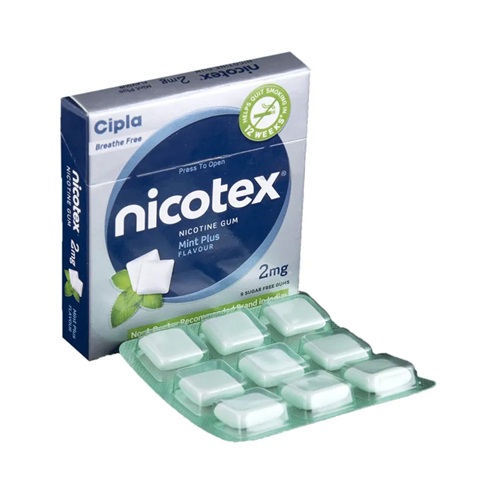 Nicotex 2mg nicotine chewing gum open pack with visible green blister strip
