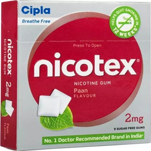 Nicotex 2mg paan flavour chewing gum pack side view with Cipla label