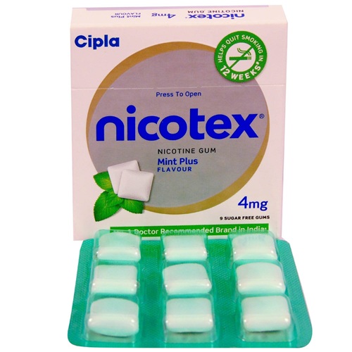 Nicotex 4mg mint plus flavour chewing gum pack with multiple blister strips