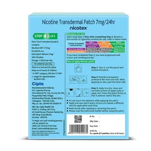 Nicotex 7mg Step 3 nicotine replacement patch back label information