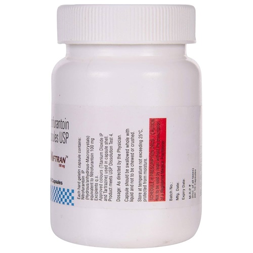 Niftran 100mg capsules white bottle side view showing label, UTI infection treatment medication