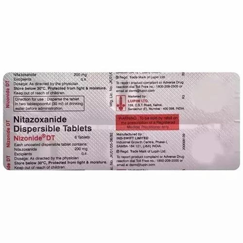 Nizonide DT nitazoxanide 60 Tablets blister strip back view with dosage information