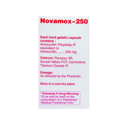 Novamox 250mg (Amoxicillin Trihydrate) outer box and instruction leaflet displayed vertically