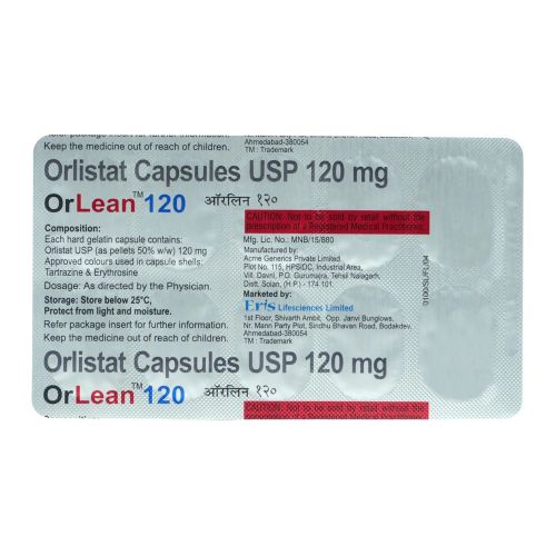 Orlean 120 Orlistat 120mg capsules full strip packaging with printed details