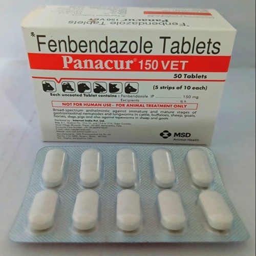 Panacur 150 Vet fenbendazole tablets blister pack with dosage label for veterinary use