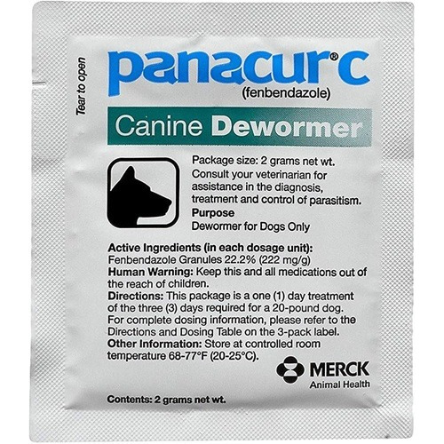 Panacur C Granules 22.2% (Fenbendazole) 2g sachet close-up with printed instructions for dog intestinal parasite and worm control veterinary dewormer online pharmacy