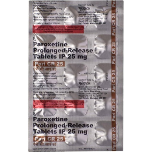 Pari CR 25 blister strip showing paroxetine tablets, psychiatric medication for depression, panic disorder, and PTSD, online pharmacy