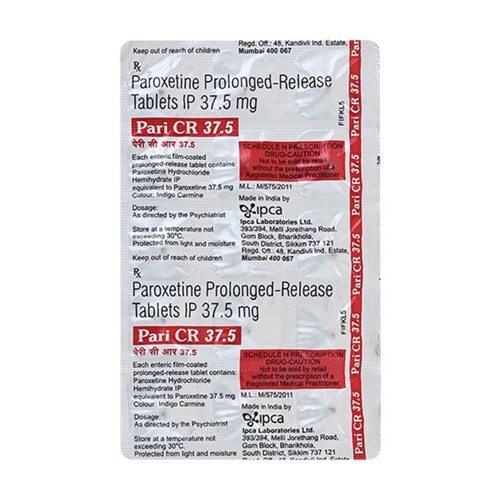 Pari CR 37.5 blister strip showing paroxetine tablets, psychiatric medication for depression, panic disorder, and PTSD, online pharmacy