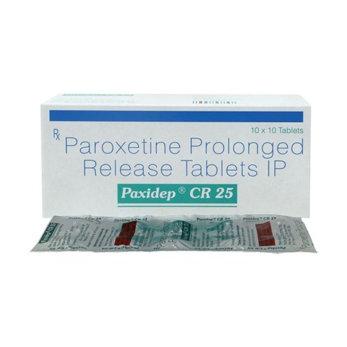 Paxidep CR 25 box packaging with 50 tablets paroxetine controlled-release, SSRI antidepressant for depression, anxiety, and OCD, online pharmacy ZarvyPharm