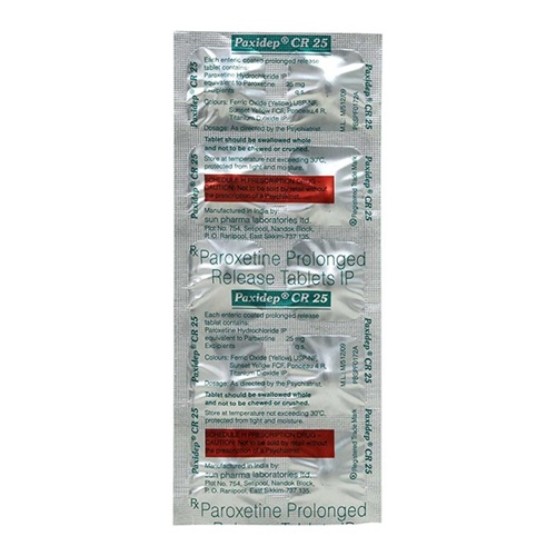 Paxidep CR 25 blister strip showing paroxetine tablets, psychiatric medication for depression, panic disorder, and PTSD, online pharmacy