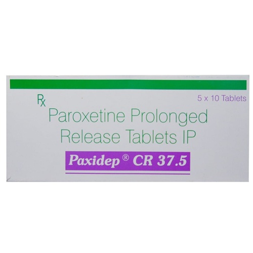 Paxidep CR 37.5 box packaging with 50 tablets paroxetine controlled-release, SSRI antidepressant for depression, anxiety, and OCD, online pharmacy ZarvyPharm