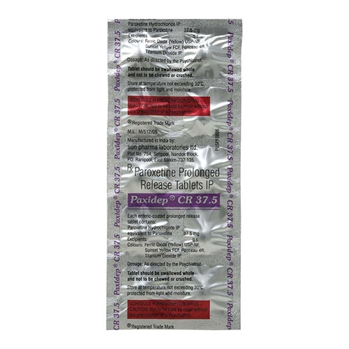 Paxidep CR 37.5 blister strip showing paroxetine tablets, psychiatric medication for depression, panic disorder, and PTSD, online pharmacy