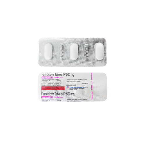 Penvir 500mg (Famciclovir) silver foil blister strip with tablets and branded carton