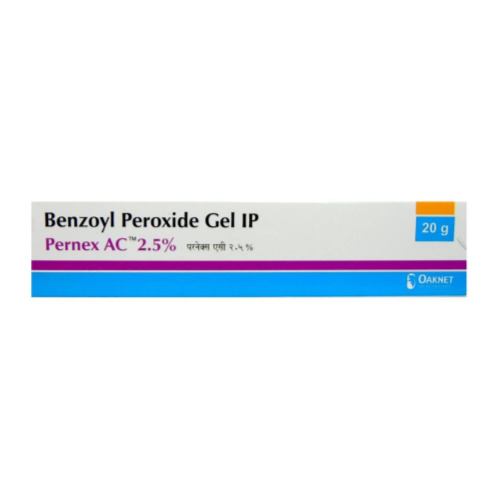 Pernex AC 2.5% Gel (Benzoyl Peroxide) 20gm outer box packaging in white design with purple and blue stripe