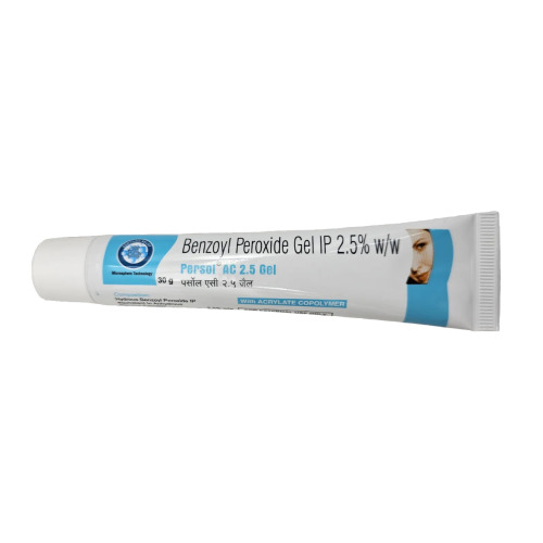 Persol AC 2.5% Gel (Benzoyl Peroxide) single tube laid flat with printed dosage label visible