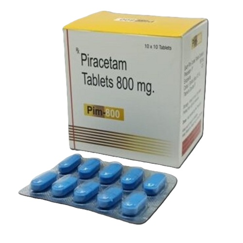 Pim 800 (Piracetam 800mg) PMR branded carton with multiple blister strips of tablets