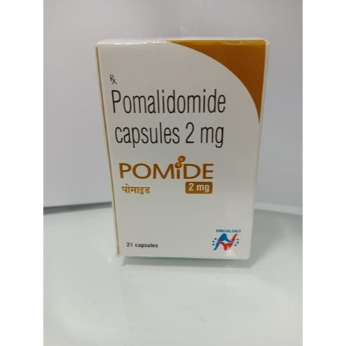 Pomide 2 (Pomalidomide) 2mg 21 capsules carton box angled display with logo and gold design for oncology treatment online pharmacy