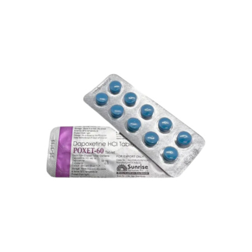 Poxet 60mg (Dapoxetine HCl) silver blister pack with blue tablets and purple printed label